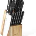 Martha Stewart Eastwalk 14 Piece High Carbon Stainless Steel Cutlery Knife Block Set w/ABS Triple Riveted Forged Handle Acacia Wood Block - Matte Black