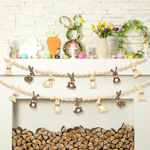 1 Set Easter Mantle Garland 6.56 ft Wood Bunny Easter Beads Banner Rabbits Hanging Garland for Wall Fireplace Shelf Mantle Display Indoor Outdoor Decoration for Home Party Supplies(Rustic)