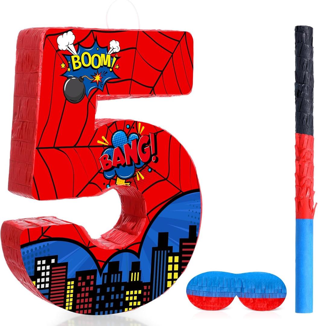 Capoda Number 5 Spider Piata Bundle with Blindfold and Bat Spider Birthday Party Piata for Birthday Party Decoration, 16.14 x 12.32 x 2.76 Inch (Red and Blue)