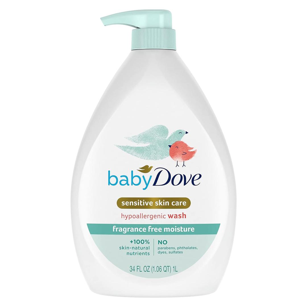 Baby Dove Sensitive Skin Care Baby Wash Fragrance Free Moisture For Baby Bath Time Fragrance Free and Hypoallergenic, Washes Away Bacteria 34 oz (Pack of 1)