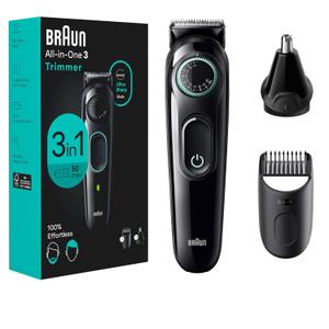 Braun All-In-One Style Kit Series 3 3430, 3-in-1 Trimmer for Men with Beard Trimmer, Ear & Nose Trimmer, Hair Clippers, Ultra-Sharp Blade, 20 Length Settings, Washable (5 Piece Set, Black)