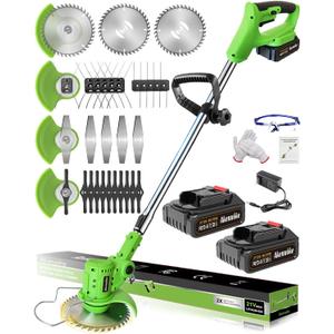Electric Weed Wacker Cordless, 21V Battery Powered Weed Cordless Eater with 2 * 2.0Ah Battery Operated and Charger, 5 Types 26Pcs Blade Stringless Grass Trimmer, Brush Cutter for Lawn Garden Yard