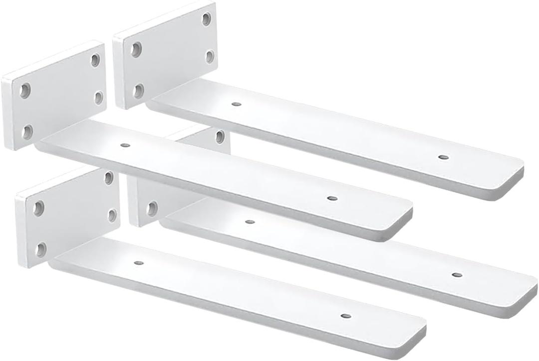 4 Pack Shelf Brackets White 10 Inch Floating Shelf Bracket 1/5 inch Thick Heavy Duty Hidden Shelf Brackets Iron Metal Brackets for Shelf Support with Screw Included