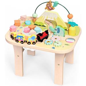 WINGYZ Activity Table for 1 Year Old Toddler, 9-in-1 Morandi-Colored Wooden Montessori Toys, Baby Play Table with Bead Maze Shape Sorter Train Toy, Educational Gifts for 12 Months+ Kids Boys Girls, Large Square