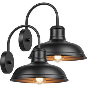 2-Pack Matte Black Outdoor Wall Lights, Modern Farmhouse Porch Wall Light Fixtures Wall Mount, Industrial Gooseneck Wall Sconce, Exterior E26 Barn Lights for Garage Frontdoor Entryway Bathroom Doorway