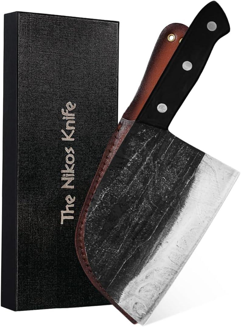 Serbian Chef Knife - 6.7 Inch Hand-Forged High Carbon Steel Full Tang Butcher Knife with Wood Handle - Razor Sharp Cooking Knife - Leather Sheath Included