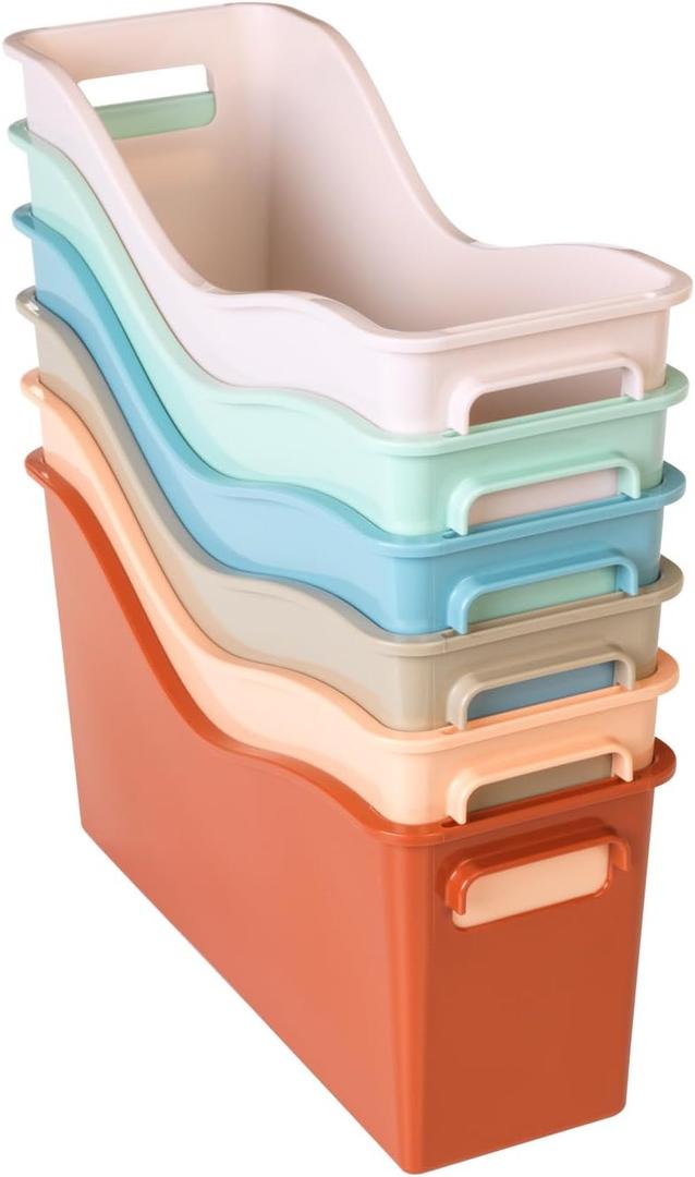 Really Good Stuff Easy Carry Storage Bins - Set of 6 Boho Colors - Durable Plastic File Folder Organizer, Magazine File Holder, Book & Binder Holder for Desk