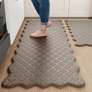 Arenarug Upgrade Scalloped Kitchen Mats Brown 2PCS, Black Kitchen Rugs, 24"x39"+24"x59"