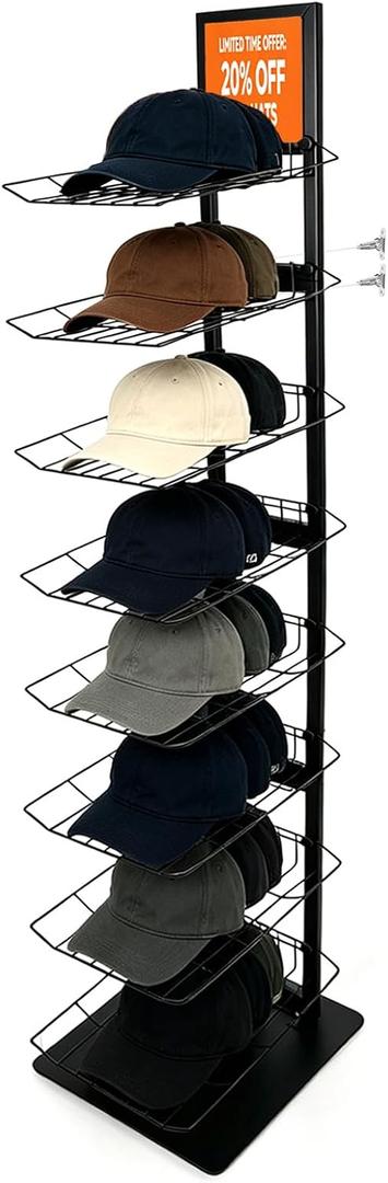 8 Tier Metal Hat Display Rack, Metal Hat Stands,Holds Up to 70 Caps, Anti-Tip Safety Chain, Top Advertising Panel, Commercial Retail Display