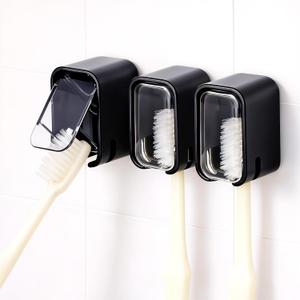 3PCS Toothbrush Holders Wall Mounted,Black Toothbrush Holders for Bathrooms with Cover, Self-Adhesive, Space-Saving, Waterproof, Quick Drying, Detachable for Easy Cleaning