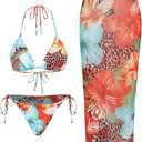 ZAFUL Womens 3pcs Swimsuit Floral Halter Triangle Bikini Top Tie Side Bottom with Long Sheer Cover Up Skirt, Small