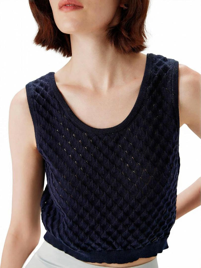 RIHOAS Womens Crochet Tank Top Sleeveless Knit Sweater Hollow Out Loose Knit Trendy Going Out Top Sweaters Vest (Black, L)