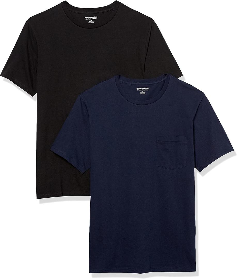 Amazon Essentials Mens T-Shirt Slim-Fit Short-Sleeve Crewneck Pocket (Large, Black/Navy)