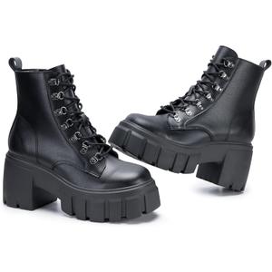 FITORY Women’s Combat Boots Lightweight Lace up Side Zipper Ankle Botas High Heel Chunky Platform Lug Sole Booties 2026 Black Size 7