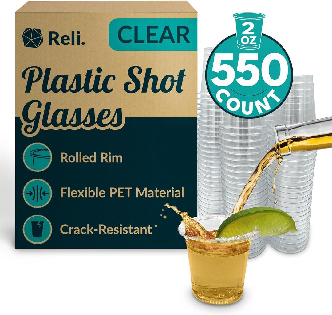 Reli. (550 Count 2 oz Plastic Shot Glasses Disposable | Clear Jello Shot Cups | Mini Plastic Cups for Party, Sauces, Samples | BPA Free, Shatterproof, 1oz Mini Glasses Disposable