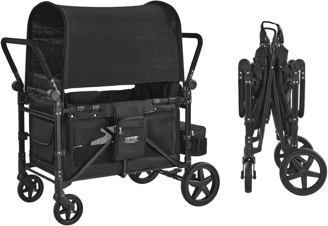 VEVOR Wagon Stroller for 4 Kids, Push Pull Quad Collapsible Stroller with Adjustable Handle, 5-Point Safety Harness & Removable Canopy, 4-Seater Stroller Wagon for Camping, Black (330LBS Loading)