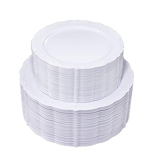 U-QE 90Pieces White Plastic Plates - White Disposable Plates - Premium Hard Plastic Disposable Plates for Wedding and Party Use Including  Dinner Plates 10 '' & Dessert Plates 7.5 ''