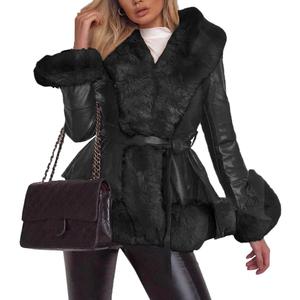 Aurgelmir Women's Faux Leather Jacket Coat Short/Long Parka Coat with Fur Collar Outwear (Medium, Black)