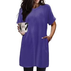 KISSMODA Women's Short Sleeve Crew Neck Tunic Tops Summer for Leggings Casual Long Tunics with Pockets Shirt S-3XL D-purple (Purple)