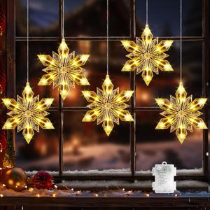 Marchpower Christmas Snowflake Window Lights, 5Pack 60LED Battery Powered Christmas Window Lights, Waterproof Snowflake Curtain Lights with Timer & 8 Modes for Indoor Outdoor Xmas Decor