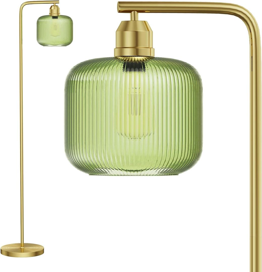 Glass Floor Lamp for Living Room, Modern Standing Lamp with Green Ribbed Glass Lampshade and Pedal Switch, 66 Tall Lamp & Gold Floor Lamp for Bedroom Study Room,Brushed Gold(3000K LED Bulb Included)