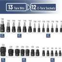 Bates- Torx Bit and Socket Set, 25 pcs, 1/4" 3/8" & 1/2" Drive, Star Bits T8-T60, E-Torx Sockets E4-E22