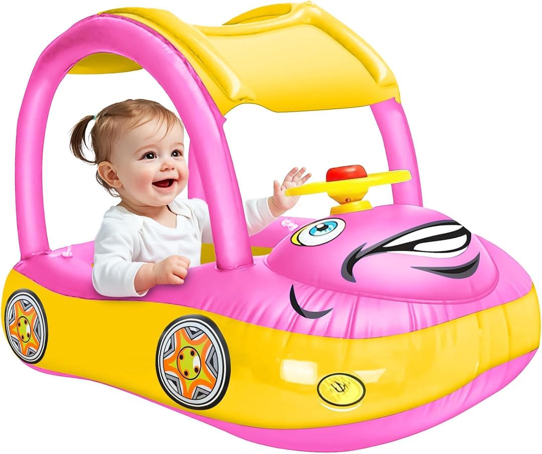 iGeeKid Inflatable Baby Pool Float with Canopy, Safty Seat for Infant Baby Swim Float Rings Car Shaped Swimming Pool Floaties for Babies Toddler Age of 6-36 Months (Pink)