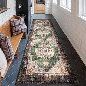 2x8 Runner Rug Green Boho Area Rugs for Hallway Indoor Laundry Room Bathroom Lightweight Non Slip Vintage Rug Washable Retro Distressed Carpet