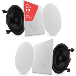 Pyle Pair 10 Flush Mount in-Wall in-Ceiling 2-Way Speaker System Spring Loaded Quick Connections Changeable Round/Square Grill Stereo Sound Polypropylene Cone Polymer Tweeter 300 Watts (PDIC16106)
