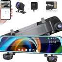 4 Channel Mirror Dash Cam, 360 Dash Camera FHD 1080P Front and Rear 12'' Full Touch Screen, Built-in WiFi, GPS, Parking Monitor, IR Night Vision with Free 128G Card