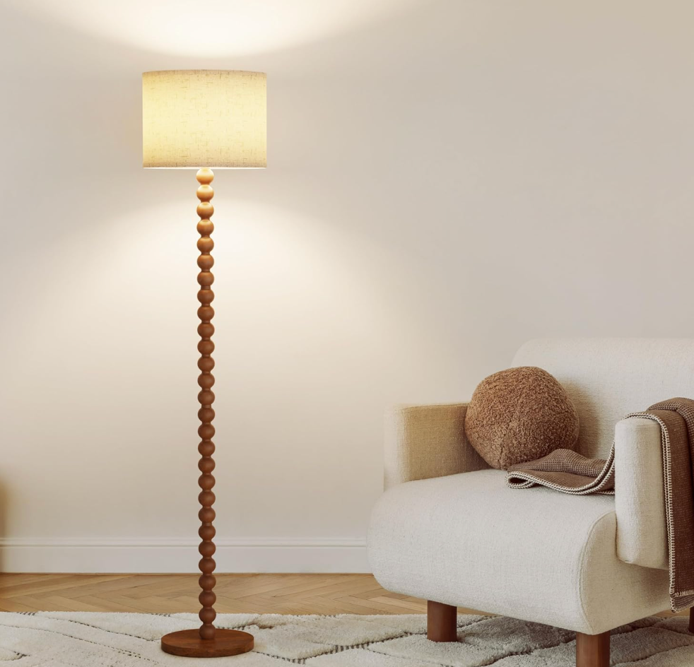 63" tall floor lamp, Solid Wood Traditional Floor Lamp with Beaded Column, 3-Color Dimmable Bulb Included, Vintage Farmhouse Floor Lamp for Living Room, Corner, Nursery, Dining Room, Bedroom(Walnut)
