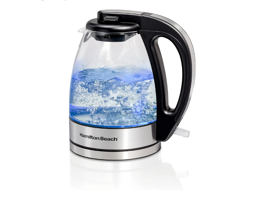 Hamilton Beach Glass Electric Tea Kettle, Water Boiler & Heater, 1 Liter, 1500 Watts for Fast Boiling, BPA Free, Cordless Serving, Auto-Shutoff & Boil-Dry Protection, Soft Blue LED (40930)