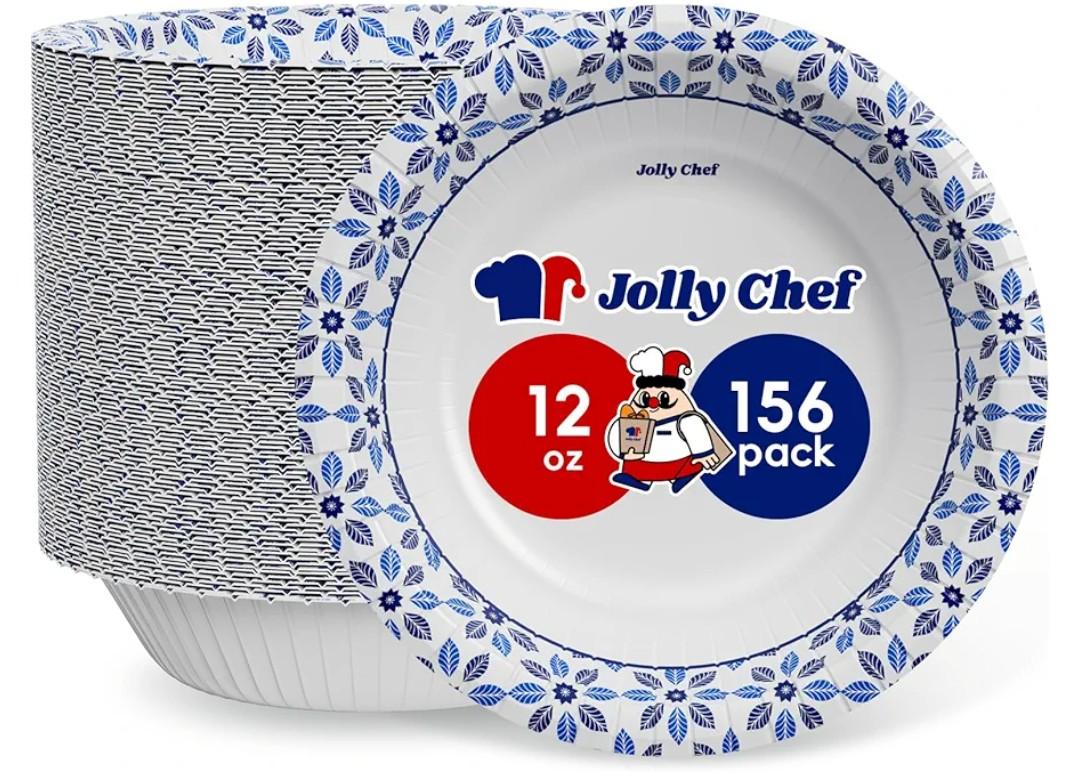 JOLLY CHEF 156 Count Paper Bowls 12 oz Soak Proof, Heavy Duty Printed Disposable Small Bowls Bulk for Dinner or Thanksgiving