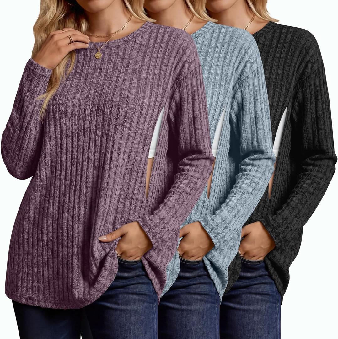 3 Pack Women's Nursing Shirts for Breastfeeding Zipper Ribbed Maternity Tops Lightweight Oversized Sweater (Large, Purple, Blue Gray, Black)