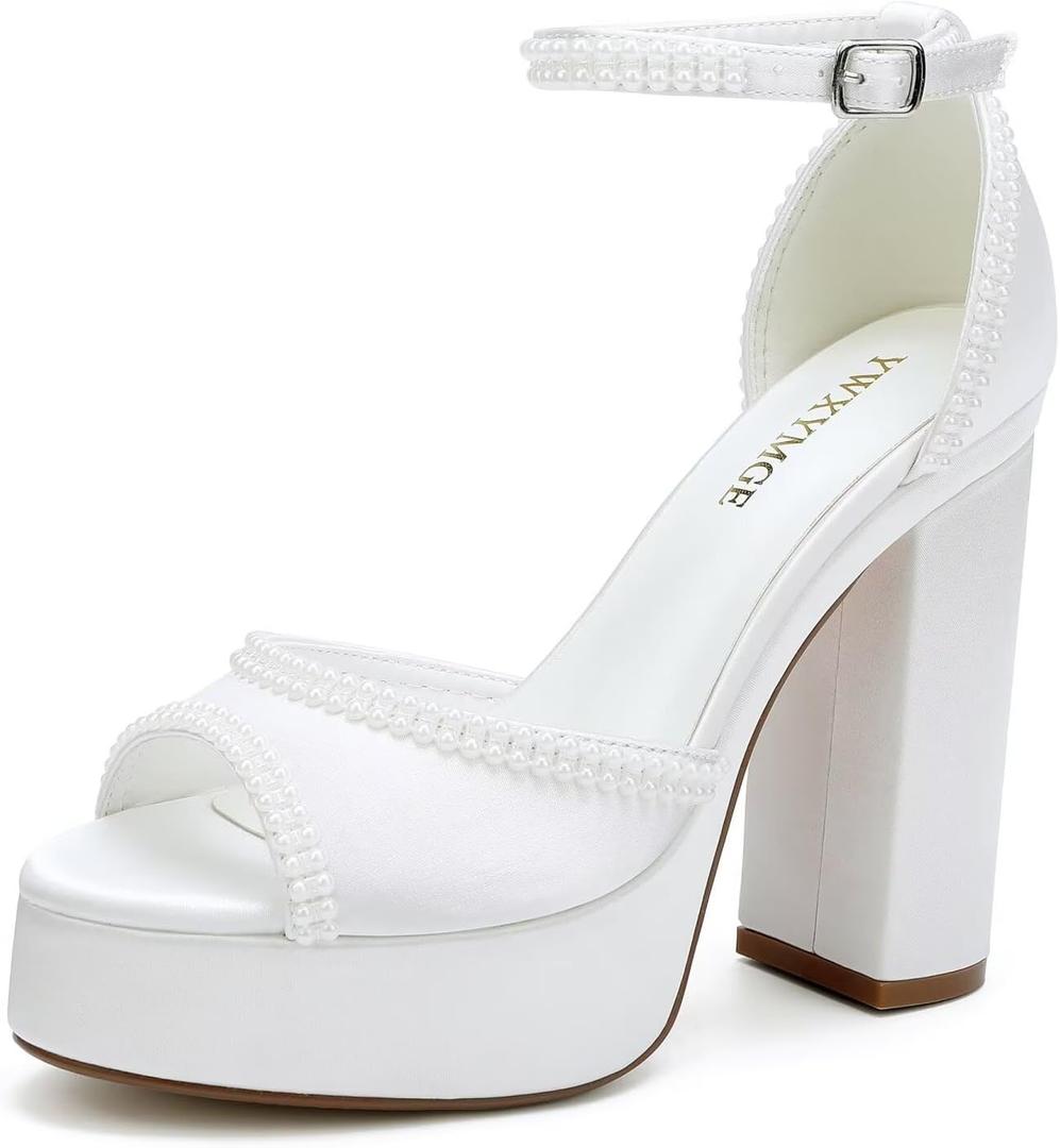 Platform Heels Wedding Shoes for Bride Ankle Strap Bridal Heeled Sandals Wedding Heels (6, Ivory)