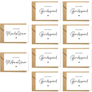 PartyGifts&beyond 10 Pcs Bridesmaid & Maid of Honor Proposal Cards, Including 1 Matron of Honor Card with 10 Envelopes (White)