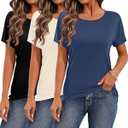 Riyiper 3 Pack Women's Crewneck Tshirts, Casual Summer Loose Tees Basic Short Sleeve Tops Classic Plain Tees Tops for Ladies (Black, Cream, Haze Blue, Small)