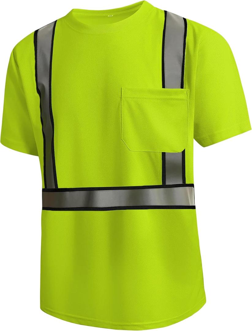 SKSAFETY High Visibility Classic T-Shirts Quick Dry Class 2 Safety Shirts for MenWomen, Quick Dry Reflective Short Sleeve Breathable Birdeyes T-Shirt with Pocket for Construction Work (X-Large, Yellow-04)
