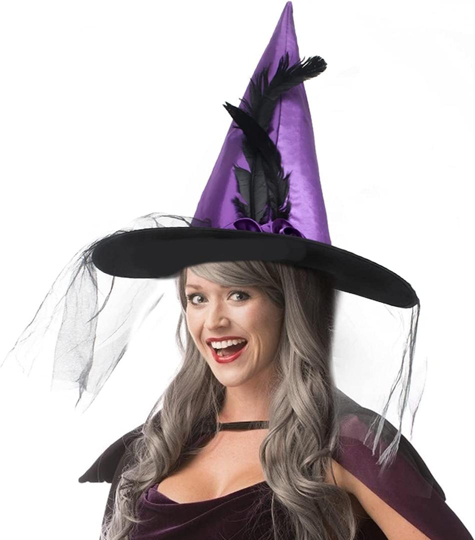 JUSTOTRY Halloween Witch Hat - Halloween Costume Witches Hats for Women attached with Roses & Feathers (Purple)
