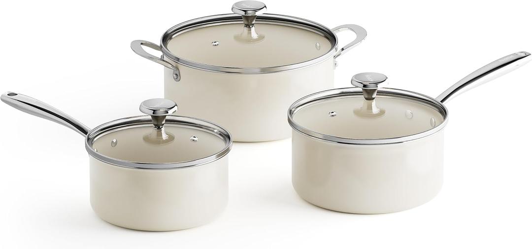 Redchef Cooking Pot Set Induction 5Qt, Saucepan Set 2.5/3.5Qt Nonstick Ceramic Cookware Set, Compatible All Cooktops, Even Heat, Stay-Cool Handles, Oven/Dishwasher Safe, PTFE PFAS Free (Beige), 6pc Set