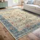 Przemy Area Rug for Living Room, 4x6Ft Washable Non-Slip Rugs for Girls's Bedroom, Floral Carpet for Entryway Office Kitchen Dining Room,Blue and Beige