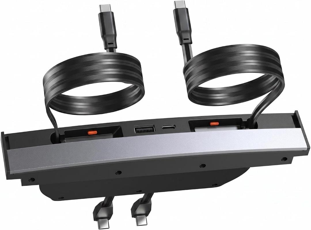 Upgrade Tesla USB Hub for Tesla Model 3&Y Waterproof - 4Ports Fast Chargr for Model Y/3 Accessories 2023 2022 2021 Retractable Docking Station, 2 Type-C Fast Charging Cables (Not Fit Model 3 2024)