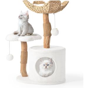 Modern Cat Tree, Wood Cat Tree Tower for Small Cats, Luxury Cat Condo with Scratching Posts and Flower Platforms, Cat Furniture by Easyego (Milky White)