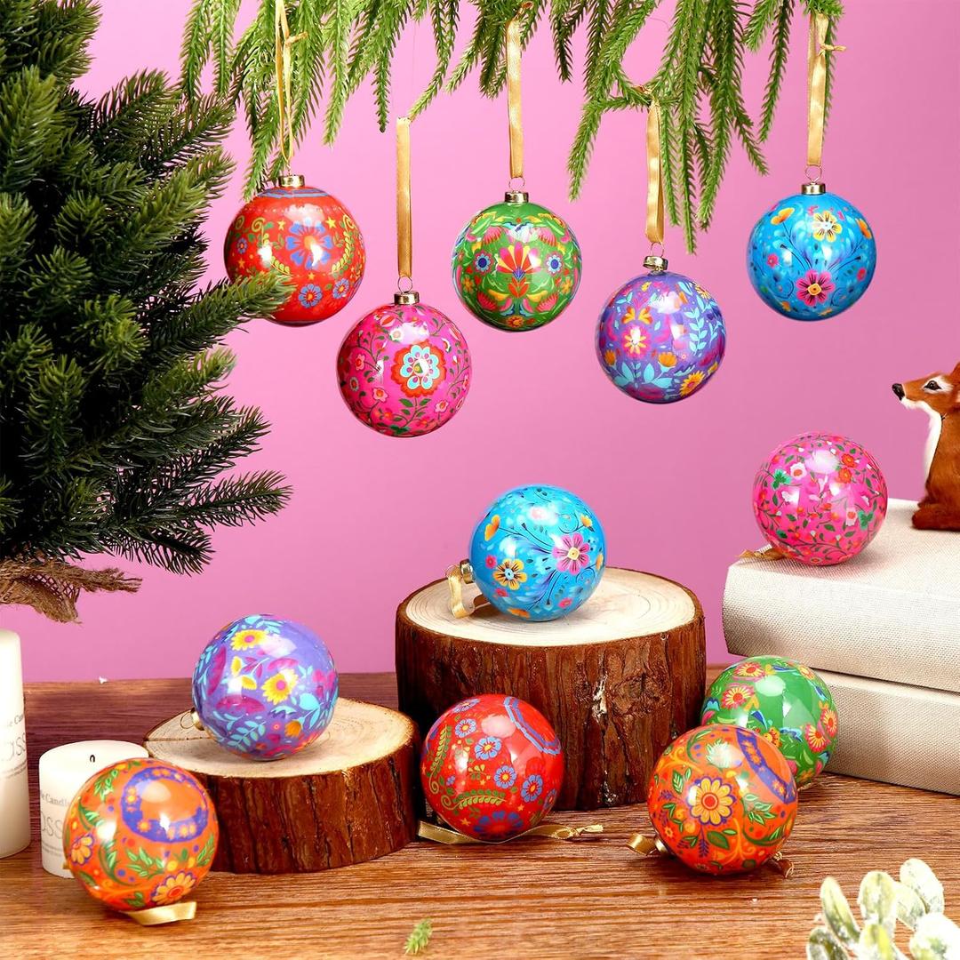 Syhood 12 Pcs Christmas Mexican Ornaments Colorful Hanging Mexican Talavera Ball Ornaments Floral Print Ball for Christmas Tree Decorations, Xmas Stocking Tag, Stocking Stuffer
