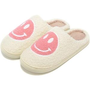 Retro Fuzzy Face Slippers for Women Men, Retro Soft Fluffy Warm Home Non-Slip Couple Style Casual Smile Face Slippers Indoor Outdoor Anti-Skid Warm Cozy Foam Slide Fuzzy Slides with Soft Memory Foam Shoes,44-45,White