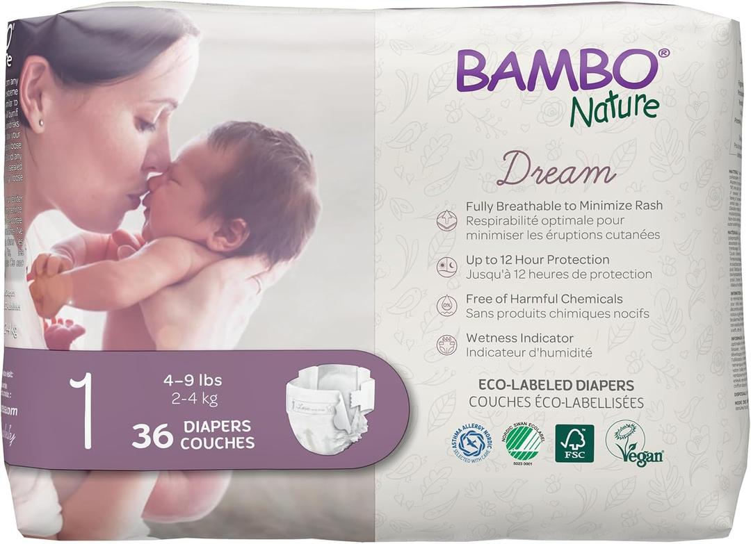 Bambo Nature Hypoallergenic Baby Diapers, Eco-Labelled Sustainable Diapers, Enhanced Leakage Protection, Totally Chlorine-free, Skin Friendly, and Super Absorbent - Size 1 (36 Count)