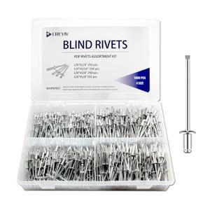 Blind Rivets Assortment Kit 1000 Pcs - Aluminum Pop Rivets (1/8" 4 Sizes) Corrosion-Resistant Fasteners for Automotive, Construction, Metalworking - Bulk Multi-Size Rivet Kit with Durable Case