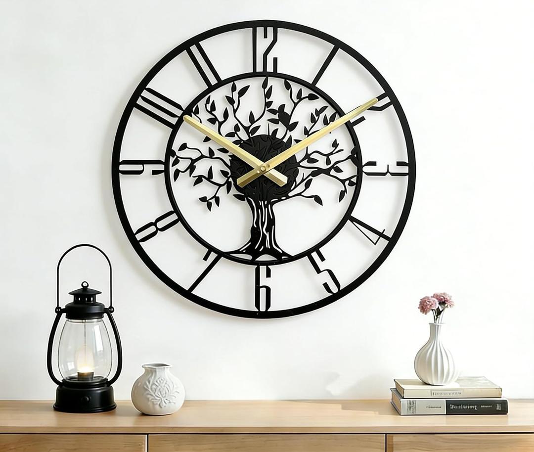 Large Tree of Life Wall Clock, Metal Large Modern Wall Clocks for Living Room, 22 in Oversized Battery Operated Silent Clock for Office,Living Room,Kitchen Decor