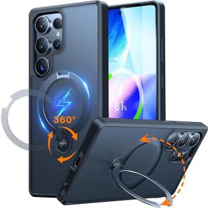 TORRAS 360 Spin Magnetic Stand for Samsung Galaxy S25 Ultra Case, Fit for Magsafe, Military Grade Slim Protective S25 Ultra Case with Kickstand & Ring Holder, Ostand Spin, Translucent Frosted Black