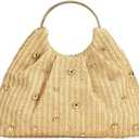Trendy Straw Clutch Purse for Women Round Handheld Evening Handbag Exquisite Metal Beaded Bag Party Wedding Top-Handle Purse
